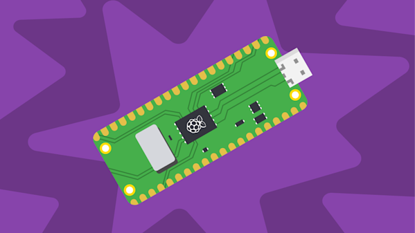 An illustration of a Raspberry Pi Pico board.