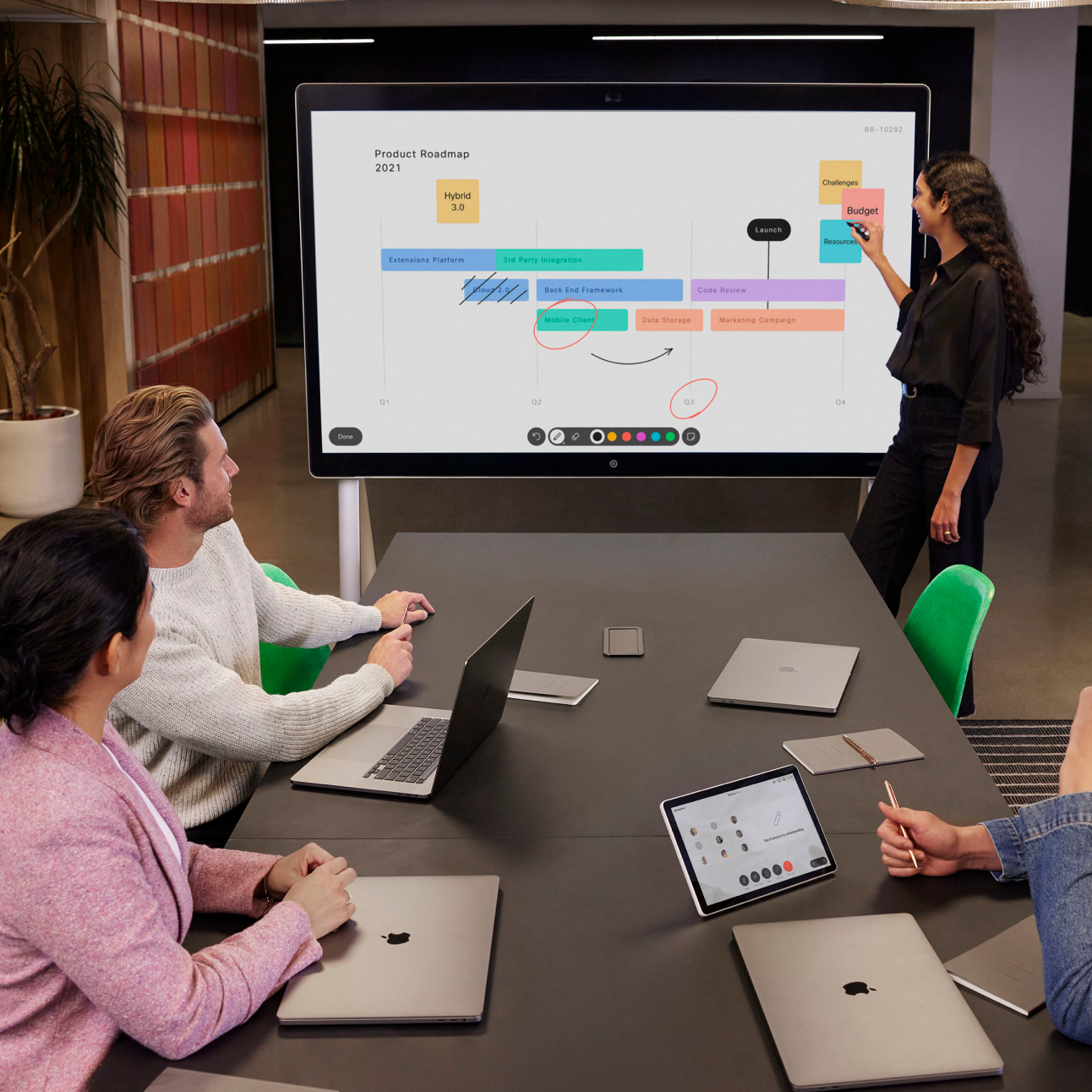 Meeting room with four attendees. A woman standing by a screen presenting its content.