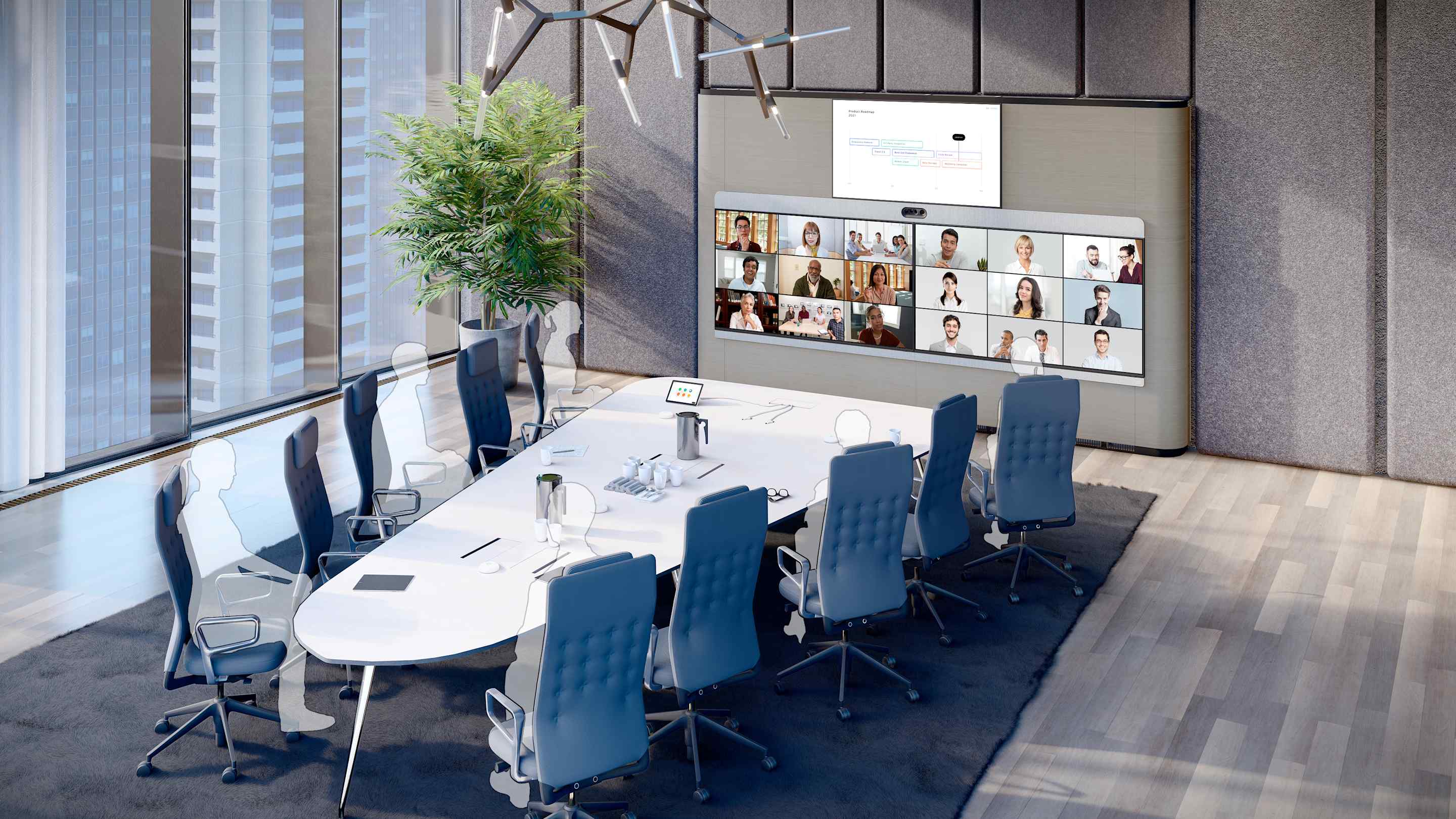 A large meeting in an executive meeting room with the Webex Panorama
