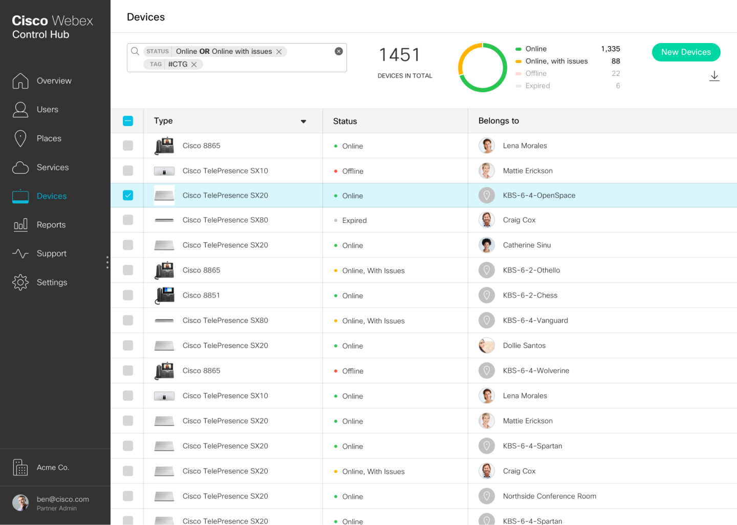 Screenshot of the Cisco Webex Control Hub application, showing the registered devices.