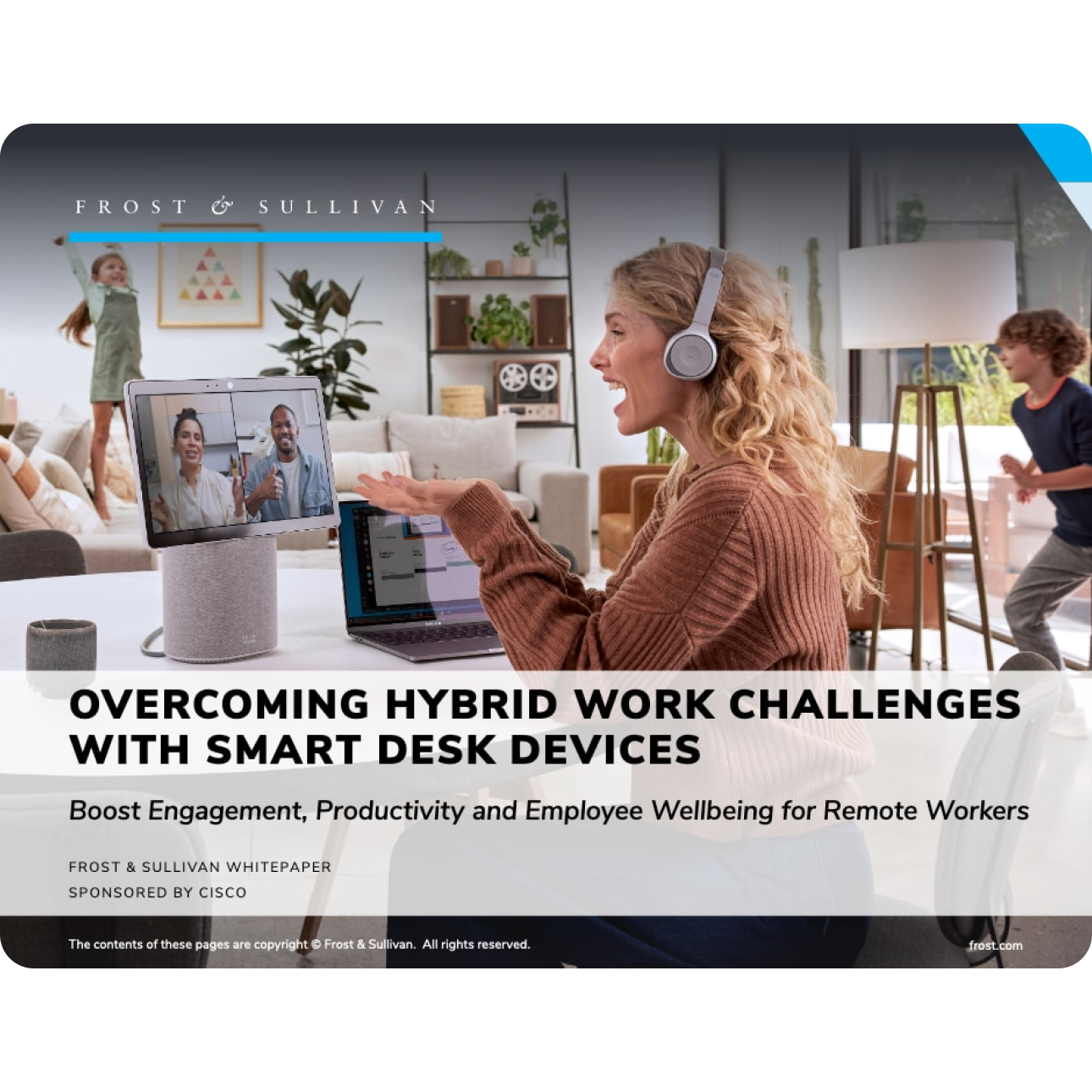 Cover page from the Frost & Sullivan's white paper Overcoming hybrid work challenges with smart desk devices