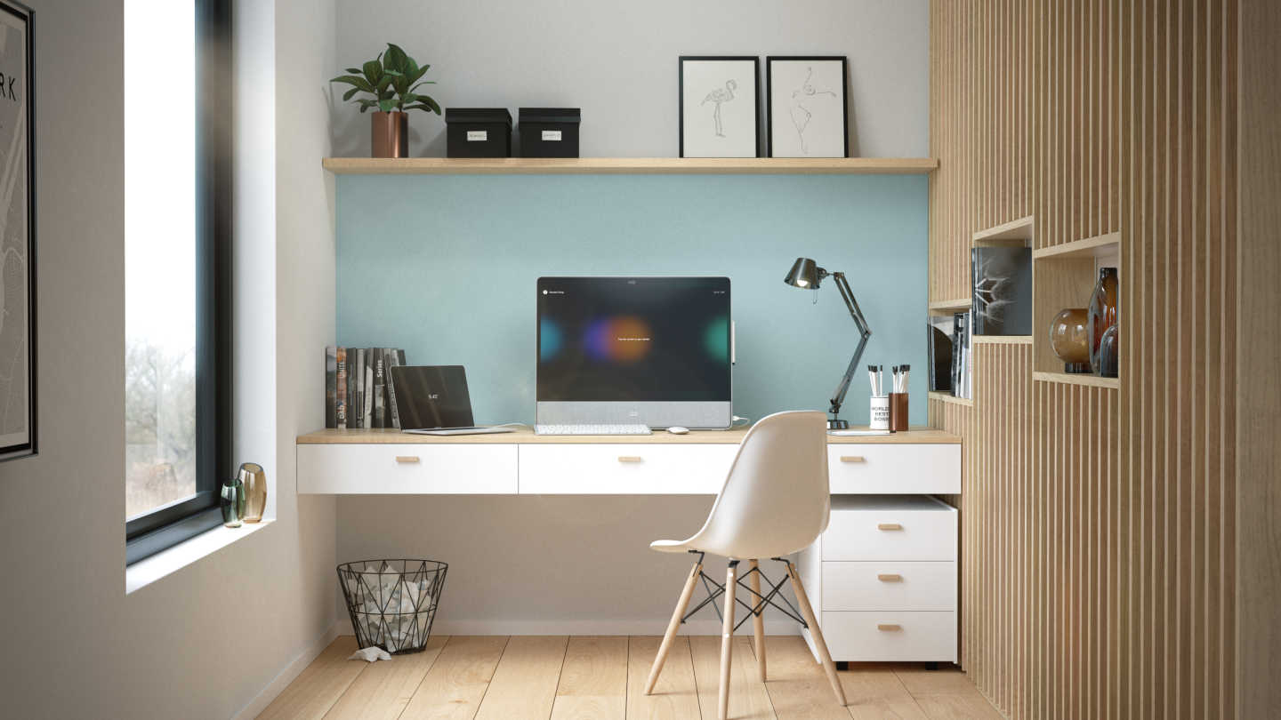 A welcoming personal home office featuring the Cisco Webex Desk Pro personal device.