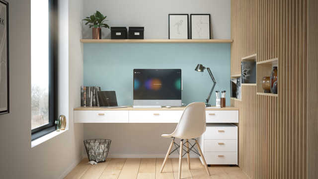 A welcoming personal home office featuring the Cisco Webex Desk Pro personal device. 
