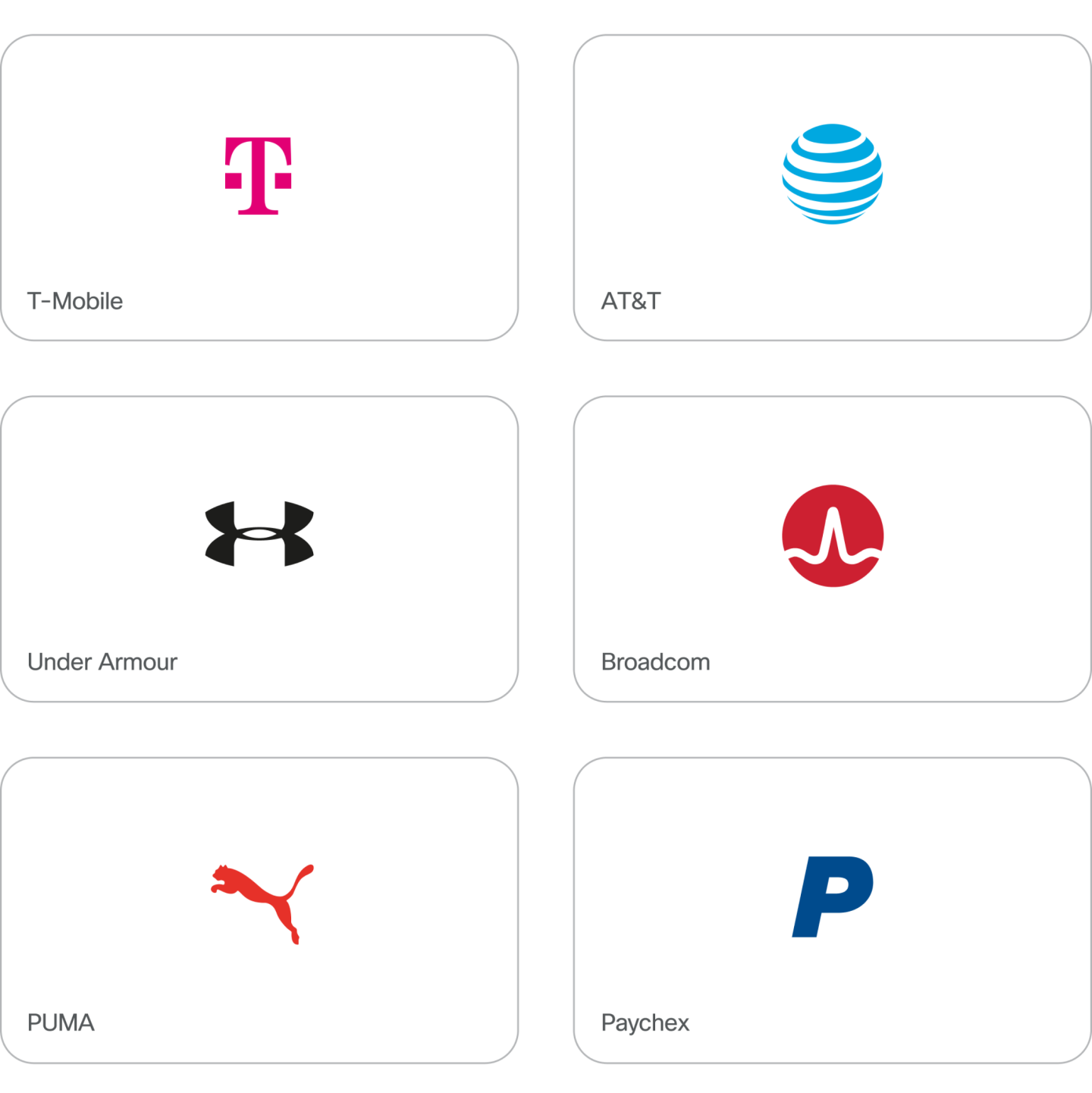 Company logos. T-Mobile, AT&T, Broadcom, Under Armour, Puma, Paychex