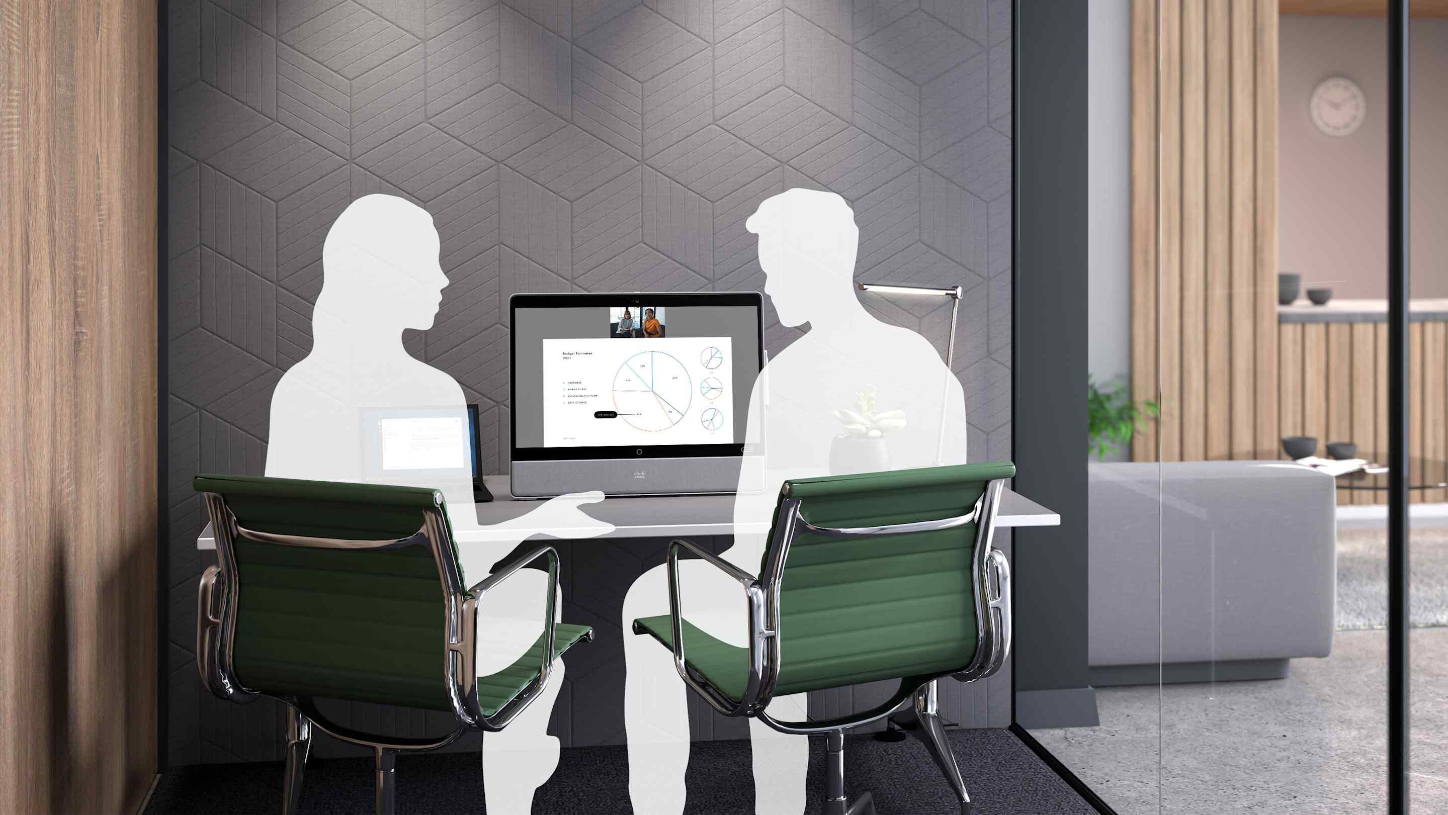 The Desk Pro displaying video content in a small huddle space