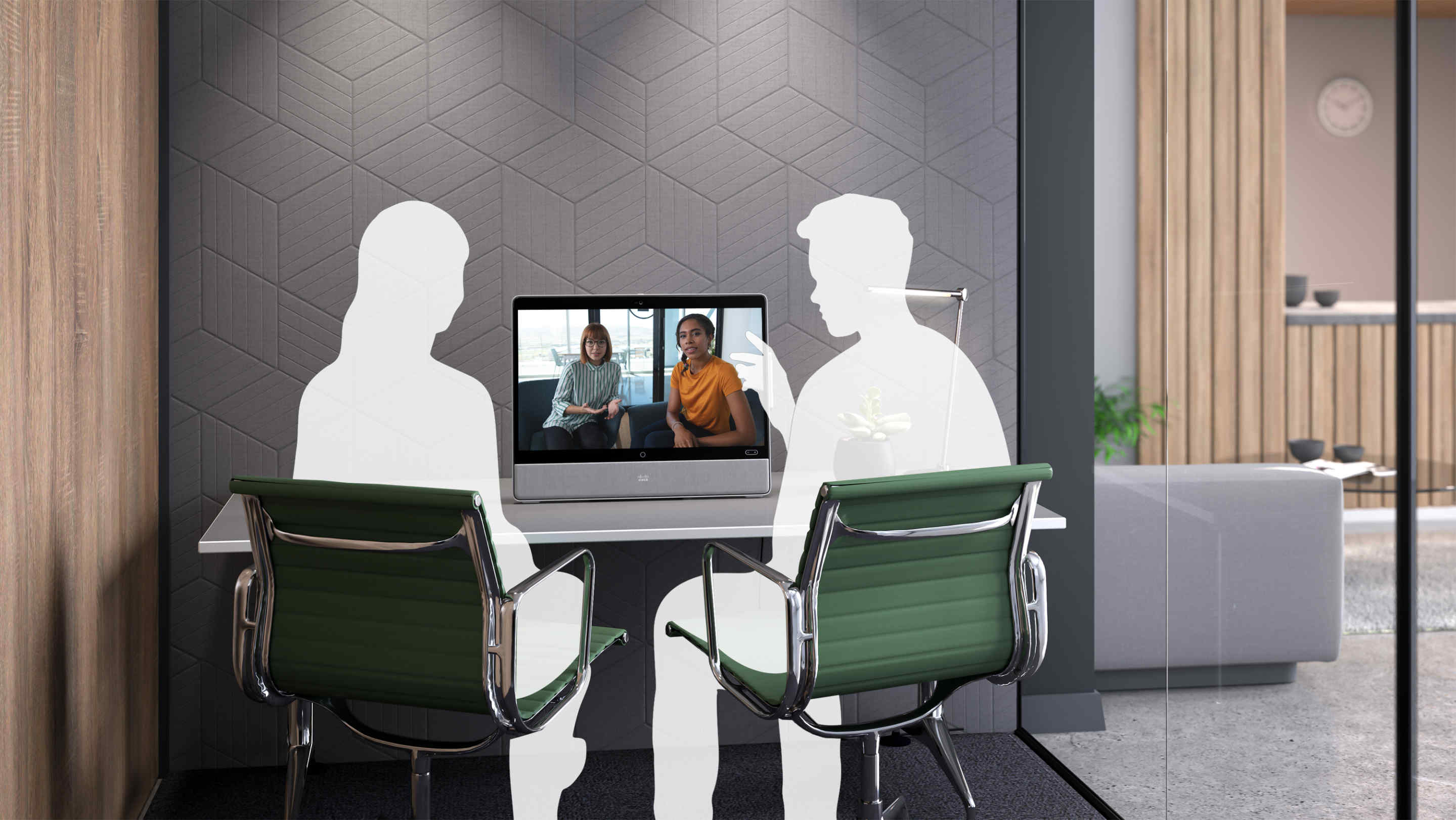 The Desk Pro used in a video meeting in a small huddle space