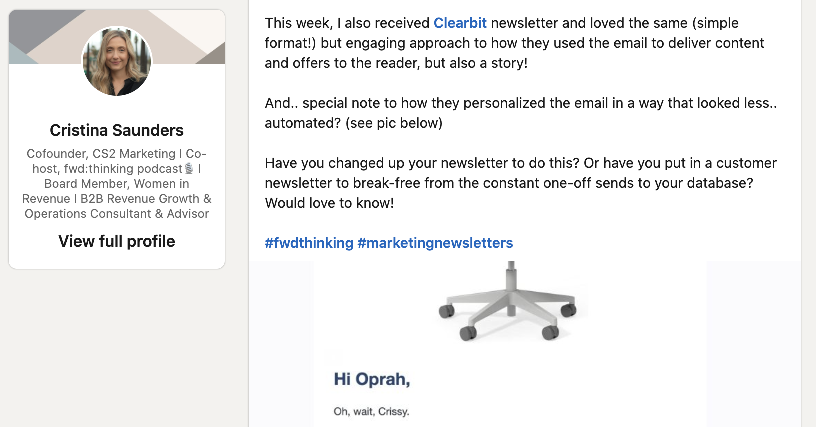 Clearbit Newsletter positive feedback from LinkedIn