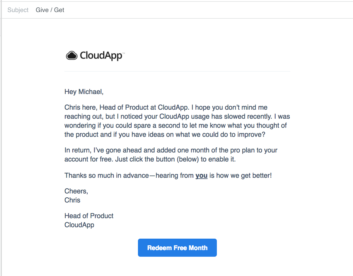customer retention email from CloudApp