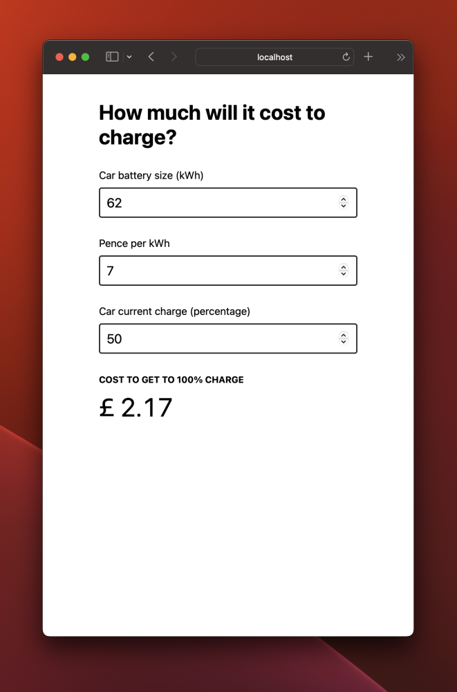A screenshot of a web app which calculates how much it will cost to charge an electric vehicle
