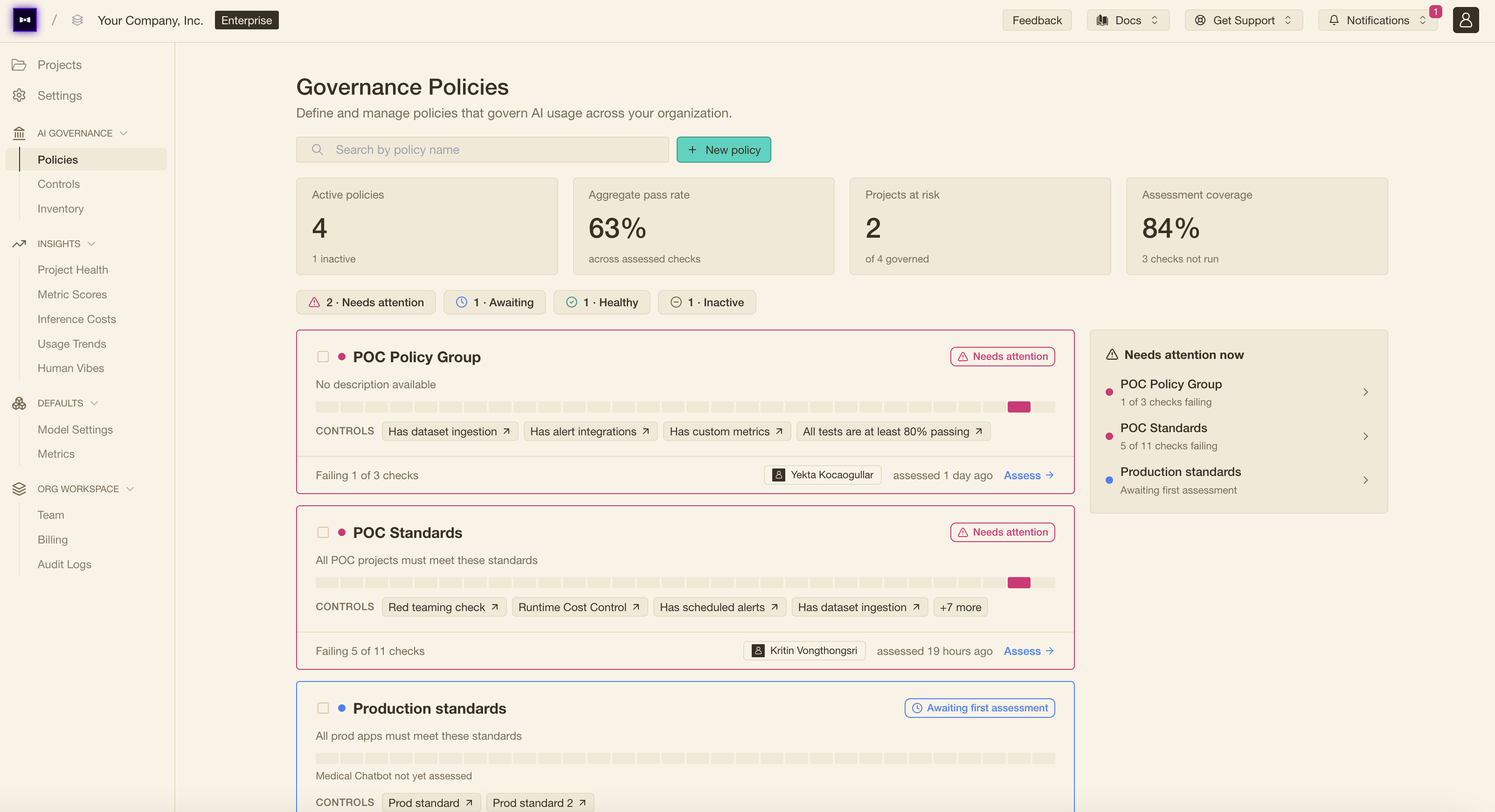 Governance policies that group controls into standards for POCs and production on Confident AI