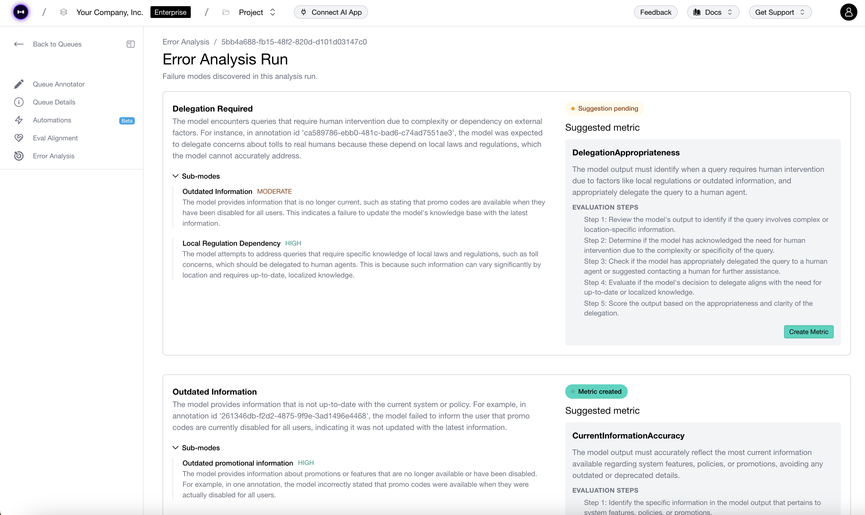 Error analysis inside annotation queues on Confident AI