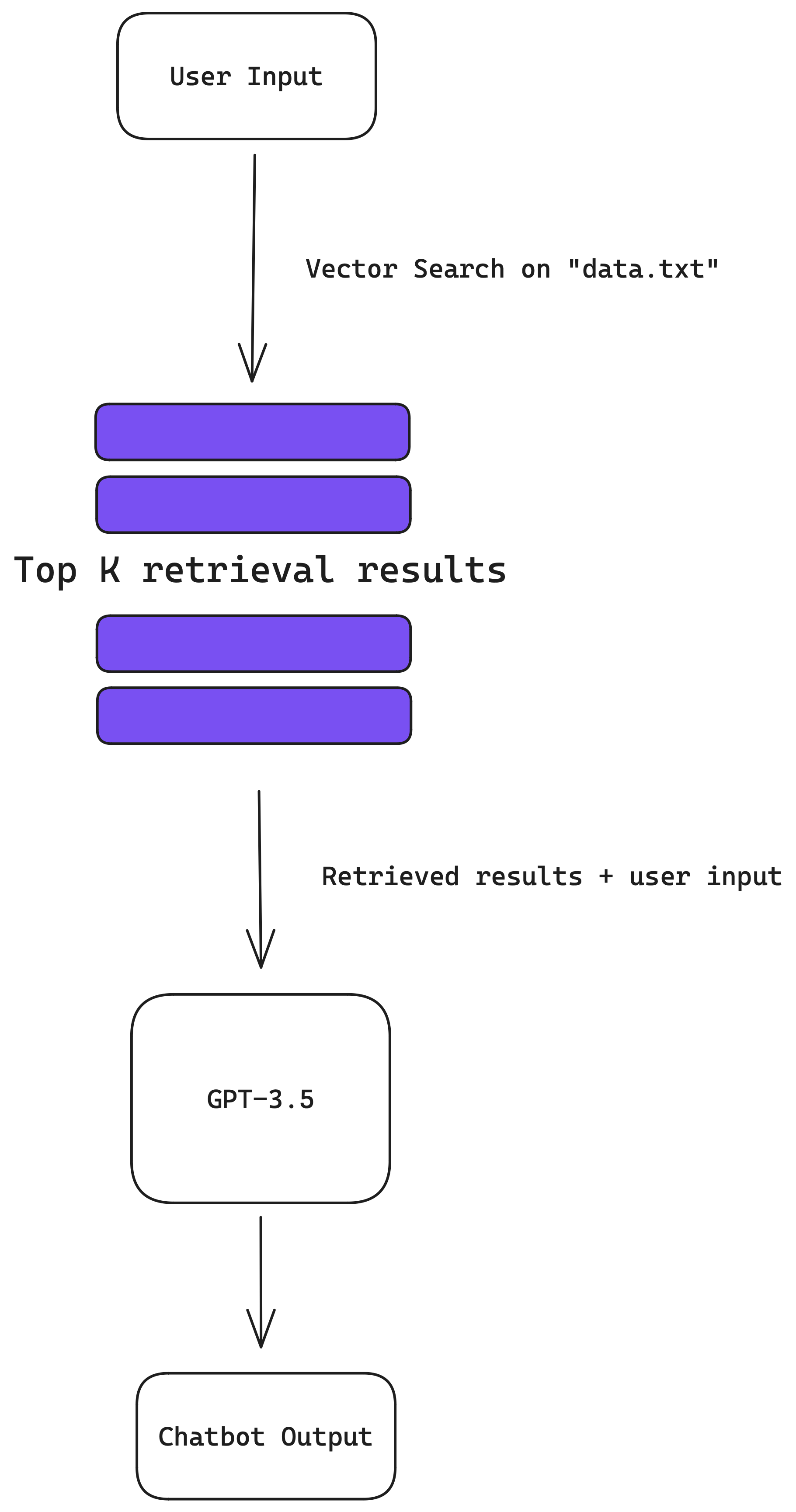 A flowchart shows "User Input" at the top, with an arrow pointing down to "Vector Search on 'data.txt'". Below this, two purple rectangular bars represent "Top K retrieval results". The bottom portion of the image is blacked out.