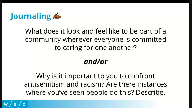 Members of the “Anti-Semitism, Racism, and Extremism: Understanding and Talking about the Intersections” workshop spent a few minutes writing their thoughts on the questions shown above.