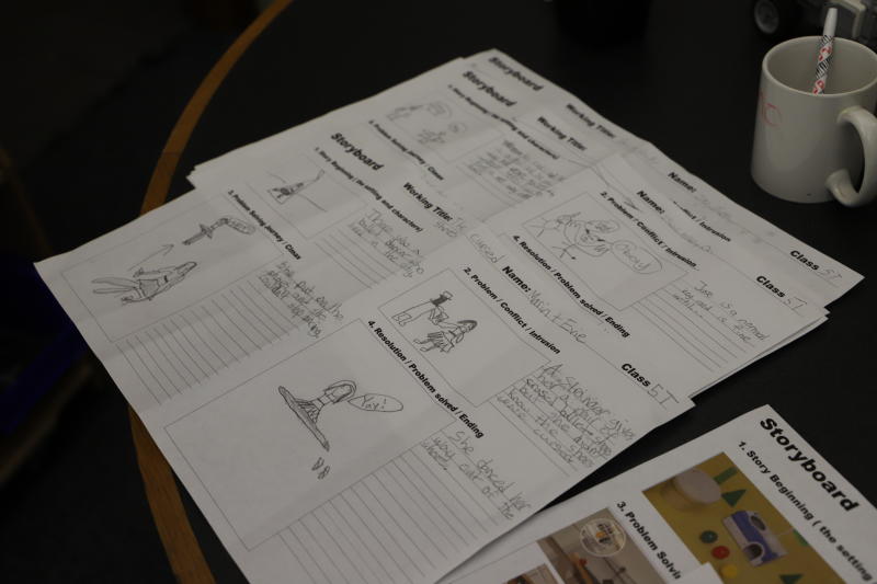 Ethical Culture 5th Graders create storyboards for their chain-reaction machines.