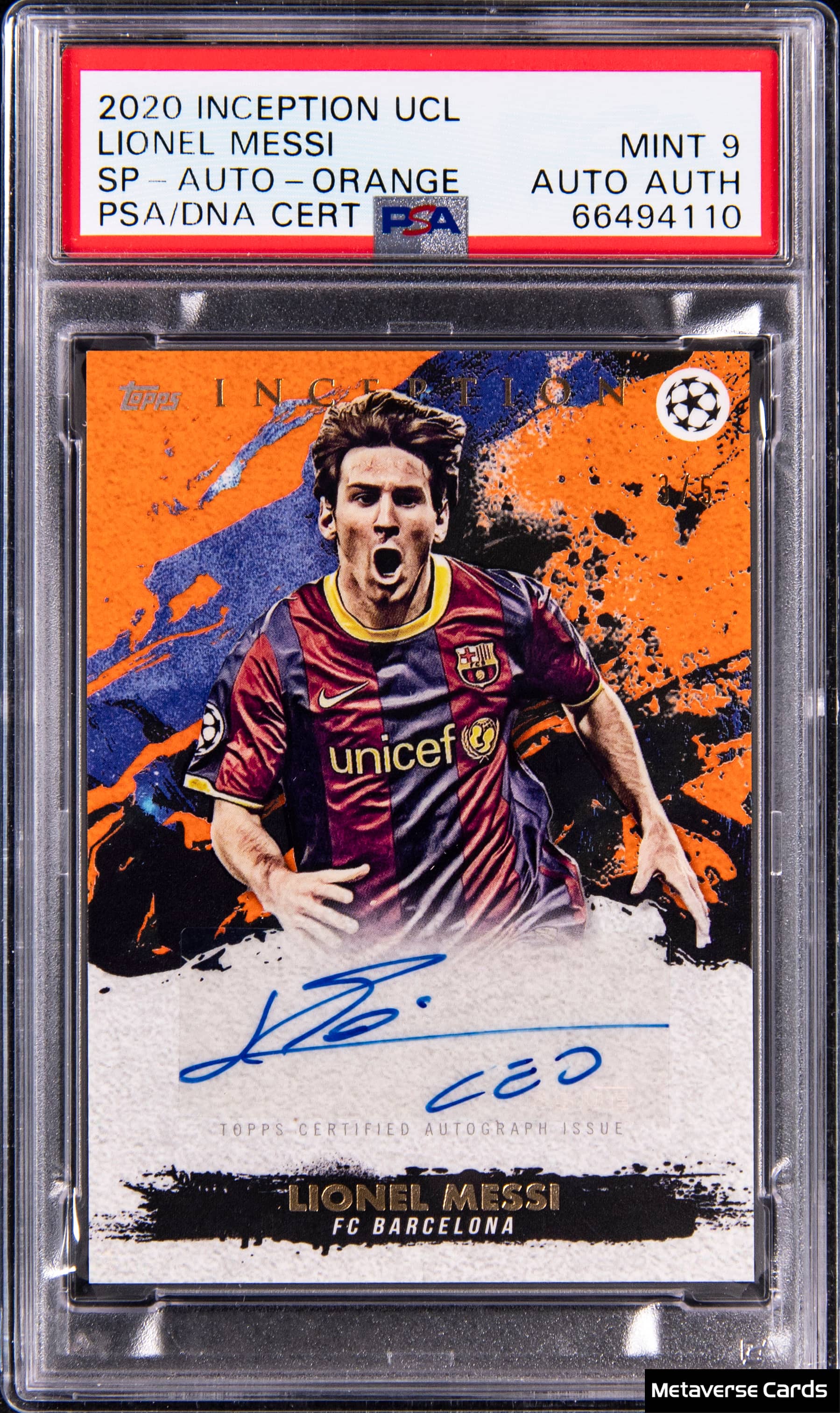 2020-21 Inception UCL Orange Messi Auto /5 Sells