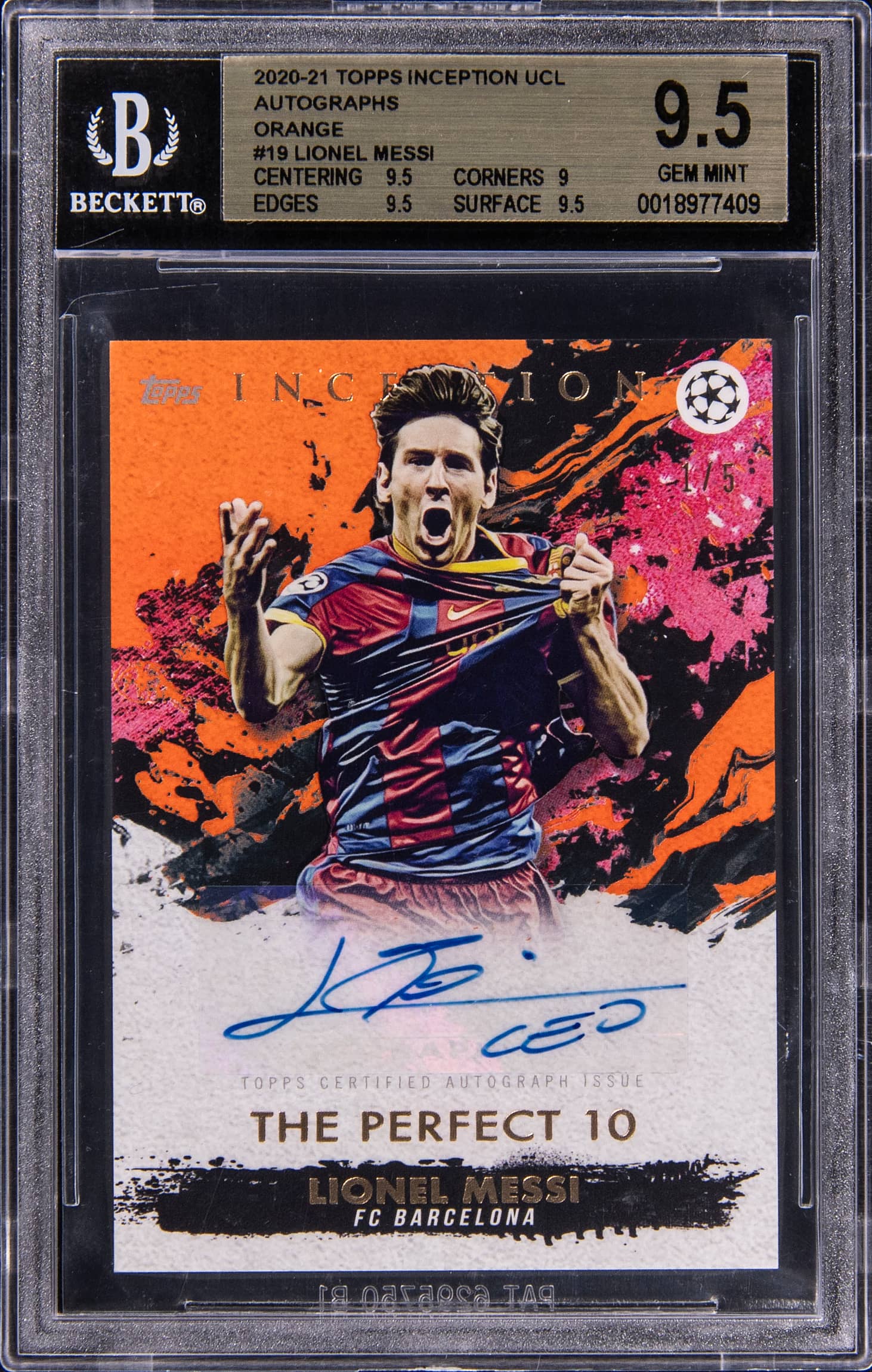 Messi 2020-21 Inception UCL Orange Auto /5 Sells Strong