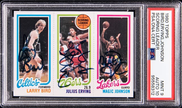 Triple-signed Bird/Erving/Magic PSA 9 rookie hits $112k