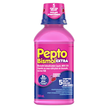 Pepto-Bismol Extra cerise saveur liquide bouteille, 350mL, rose avec bleu bouchon, soulagement de 5 symptômes, concentration 2x par dose.