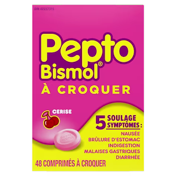 Pepto-Bismol comprimés à croquer boîte rose et jaune, cerise saveur, 48 comprimés, emballage français listing soulagement de 5 symptômes uses.