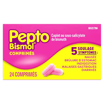 Pepto-Bismol Comprimés rose et jaune boîte, 24 caplets, soulage 5 symptômes y compris nausée, brûlures d’estomac, et diarrhée.