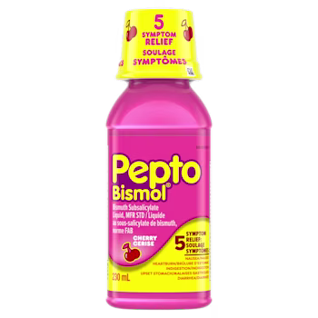 Pepto-Bismol cerise-aromatisé liquide bouteille, 230mL, rose avec jaune bouchon, offrant soulagement de 5 symptômes pour nausée et digestive issues.
