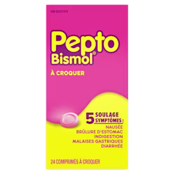 Pepto-Bismol comprimés à croquer boîte rose et jaune, emballage français, 24 comprimés, soulage 5 symptômes y compris nausée et indigestion.