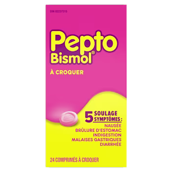 Pepto-Bismol comprimés à croquer boîte rose et jaune, emballage français, 24 comprimés, soulage 5 symptômes y compris nausée et indigestion.