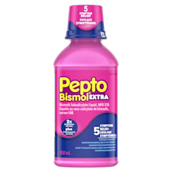 Rose 350mL bouteille de Pepto-Bismol Extra liquide, offrant soulagement de 5 symptômes avec concentration 2x par dose.