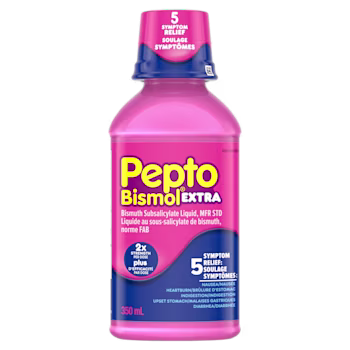 Rose 350mL bouteille de Pepto-Bismol Extra liquide, offrant soulagement de 5 symptômes avec concentration 2x par dose.
