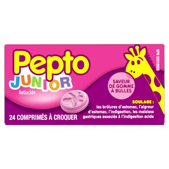 Pepto Junior antiacide comprimés à croquer boîte, rose avec un jaune girafe, bubble gum saveur, 24 comprimés.