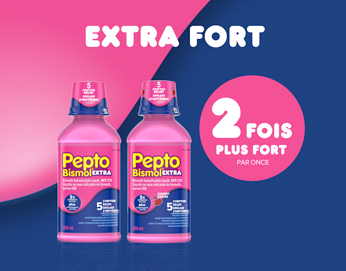 2 fois plus fort par once que Pepto Original Extra Fort