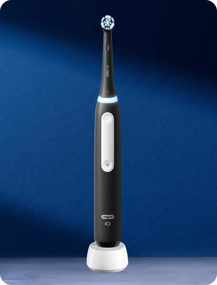 Oral-B iO3 black electric toothbrush featuring slim handle and rounded brush head