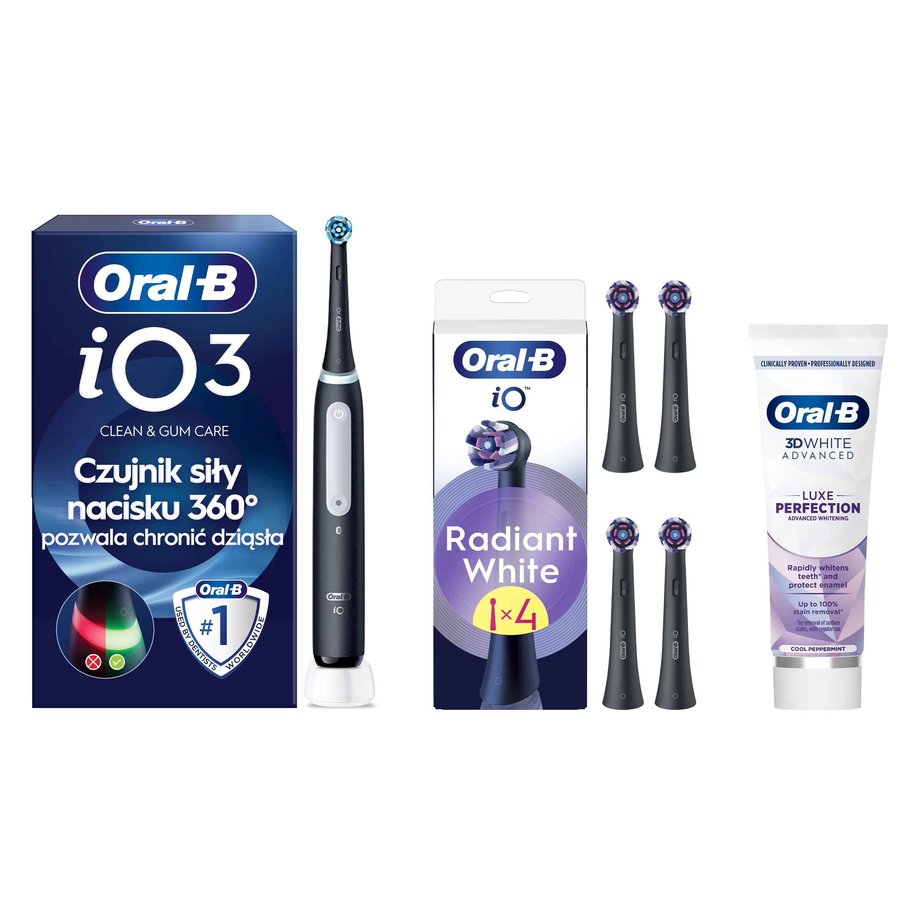 Oral-B Whitening Set: szczoteczka elektryczna iO 3 + końcówki szczoteczek + pasta do zębów
