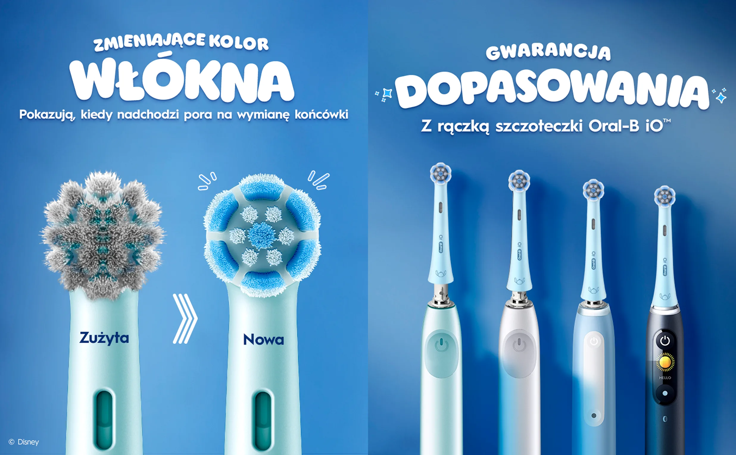 Wizualizacja dwóch obrazów, z których jeden po lewej stronie pokazuje przejście od zużytych do nowych końcówek szczoteczek. Po prawej stronie są cztery końcówki na rączkach szczoteczek. 