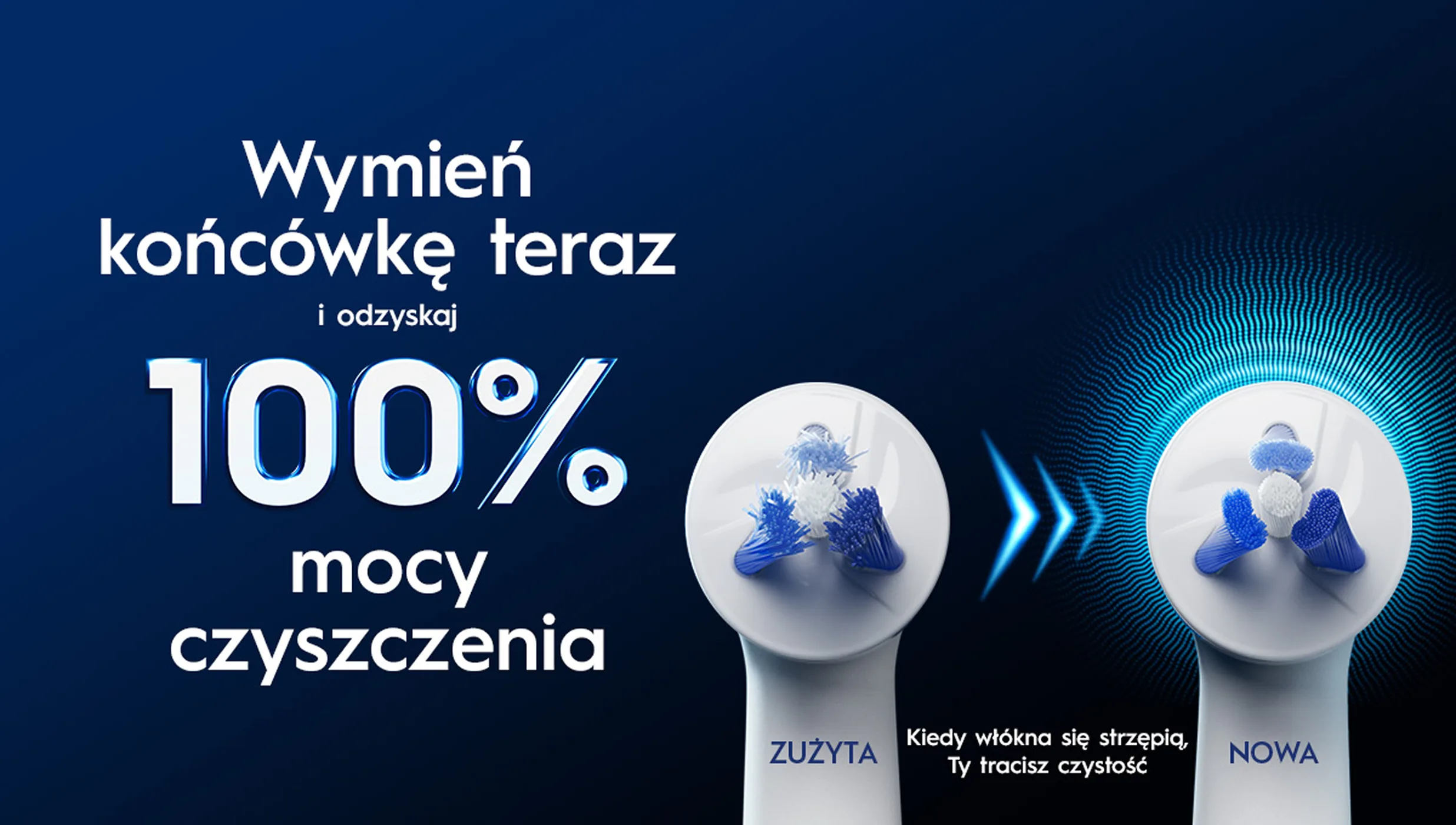 Zużyta i nowa końcówka szczoteczki Oral-B ustawione obok siebie, aby pokazać, kiedy należy wymienić końcówkę. 