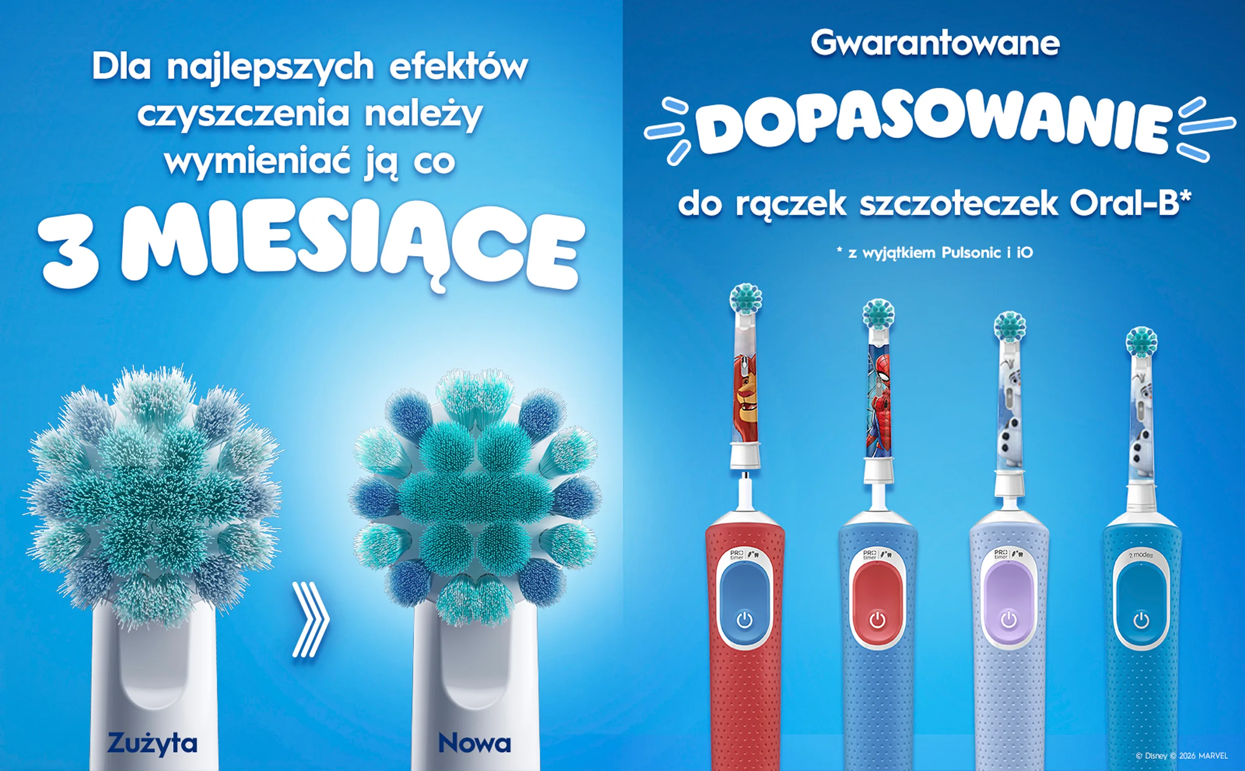 2 obrazy: po lewej stronie – „po” i „przed”, „zużyte” i „nowe” końcówki do szczoteczki, po prawej – 4 końcówki do szczoteczek umieszczone na rączkach  