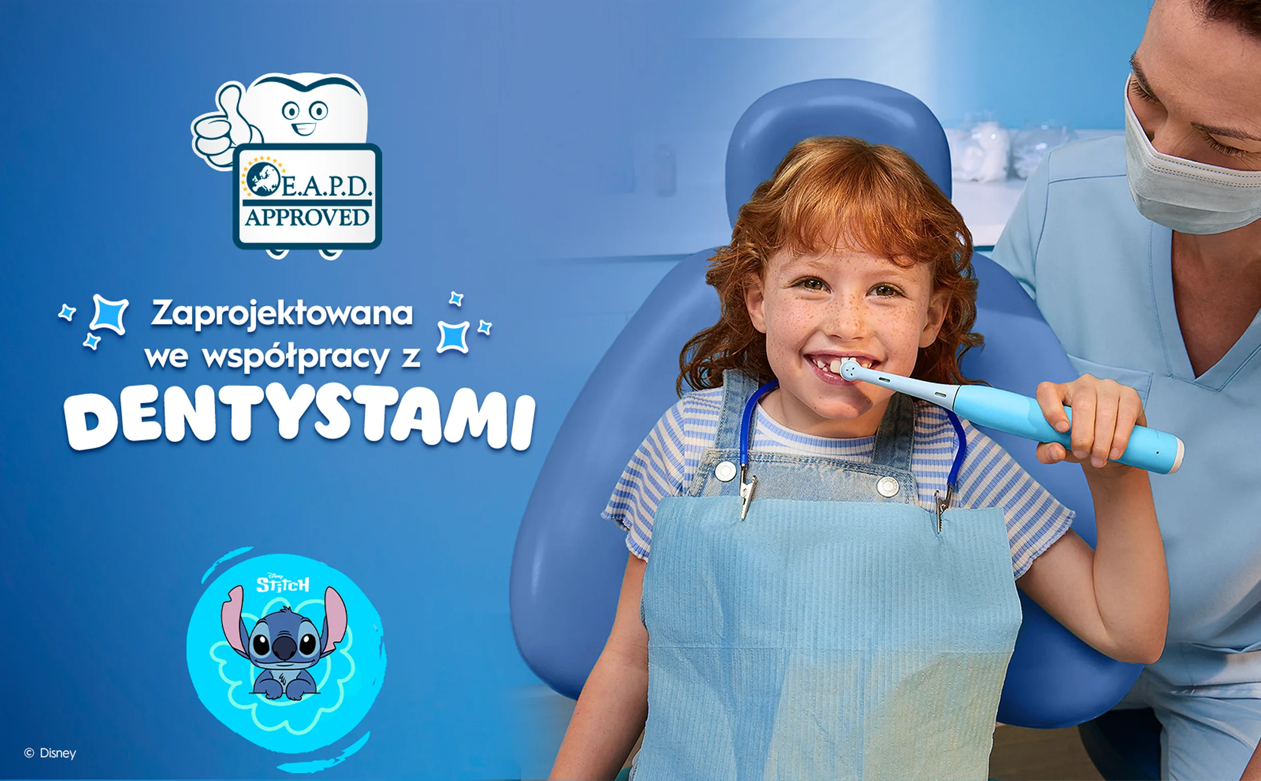 Logo EAPD. Obrazek Spidermana i uśmiechniętego dziecka na fotelu dentystycznym, które używa szczoteczki iO Kids 6+ obok dentysty. 