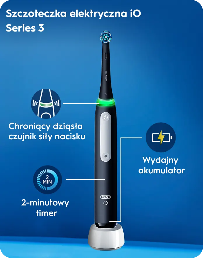 System do pielęgnacji dziąseł Szczoteczka elektryczna iO Series 3 Końcówka Gentle Care do delikatnej pielęgnacji Chroniący dziąsła czujnik siły naciskuWydajny akumulator - 2-minutowy timer