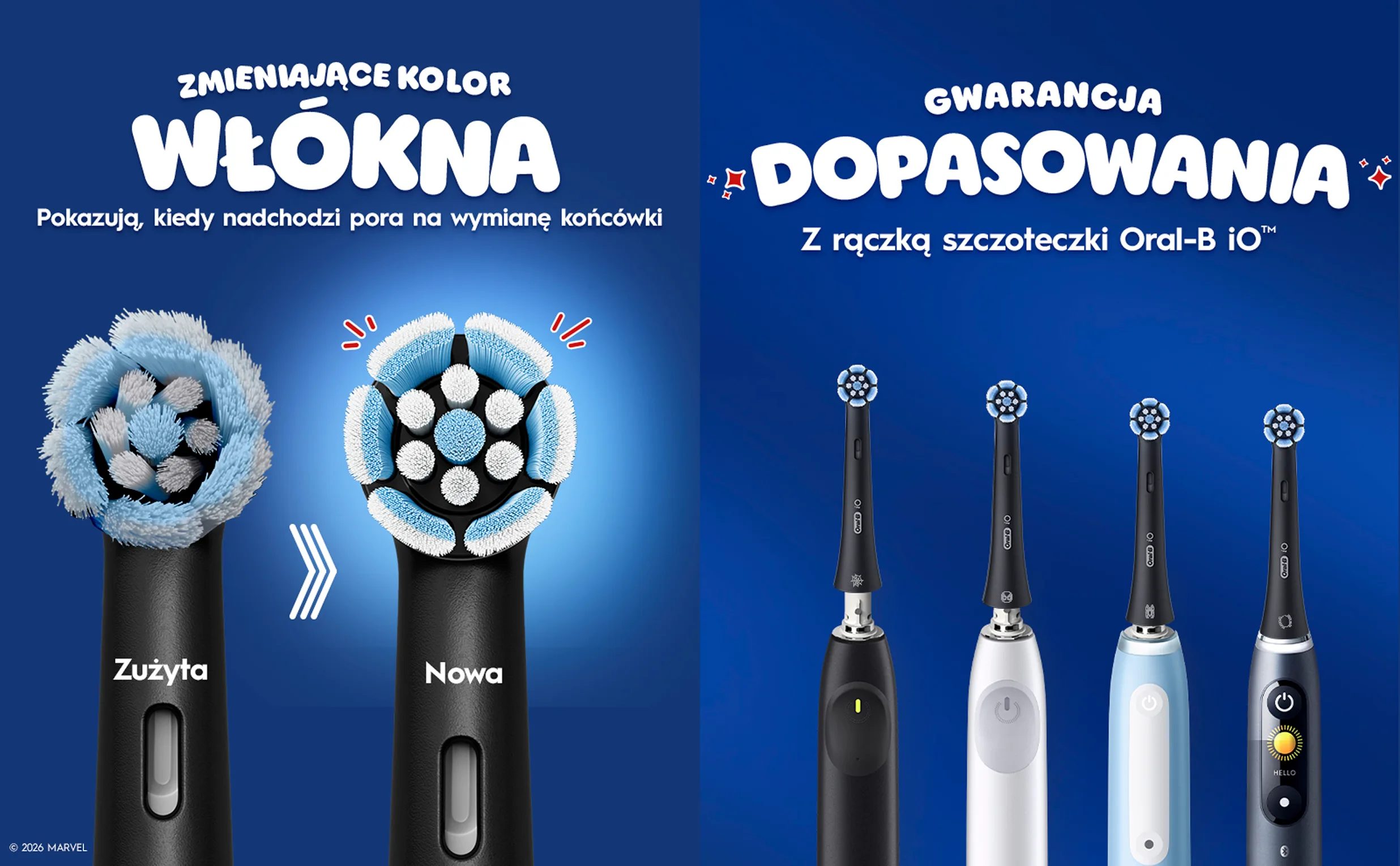 Wizualizacja dwóch obrazów, z których jeden po lewej stronie pokazuje przejście od zużytych do nowych końcówek szczoteczek. Po prawej stronie są cztery końcówki na rączkach szczoteczek. 