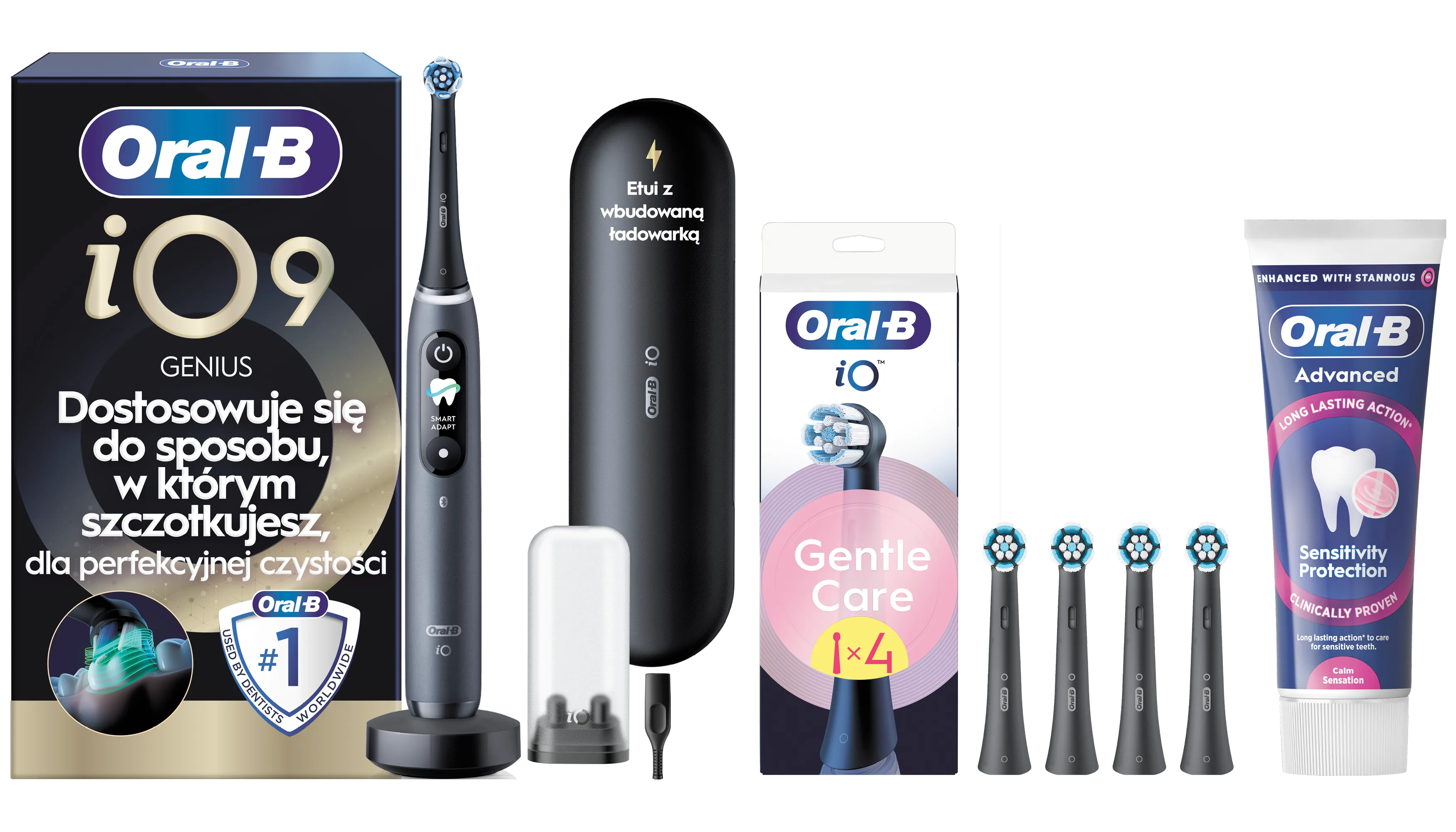 Zestaw z Oral-B iO 9 do wrażliwych dziąseł: szczoteczka elektryczna iO 9 + końcówki do szczoteczki + pasta do zębów