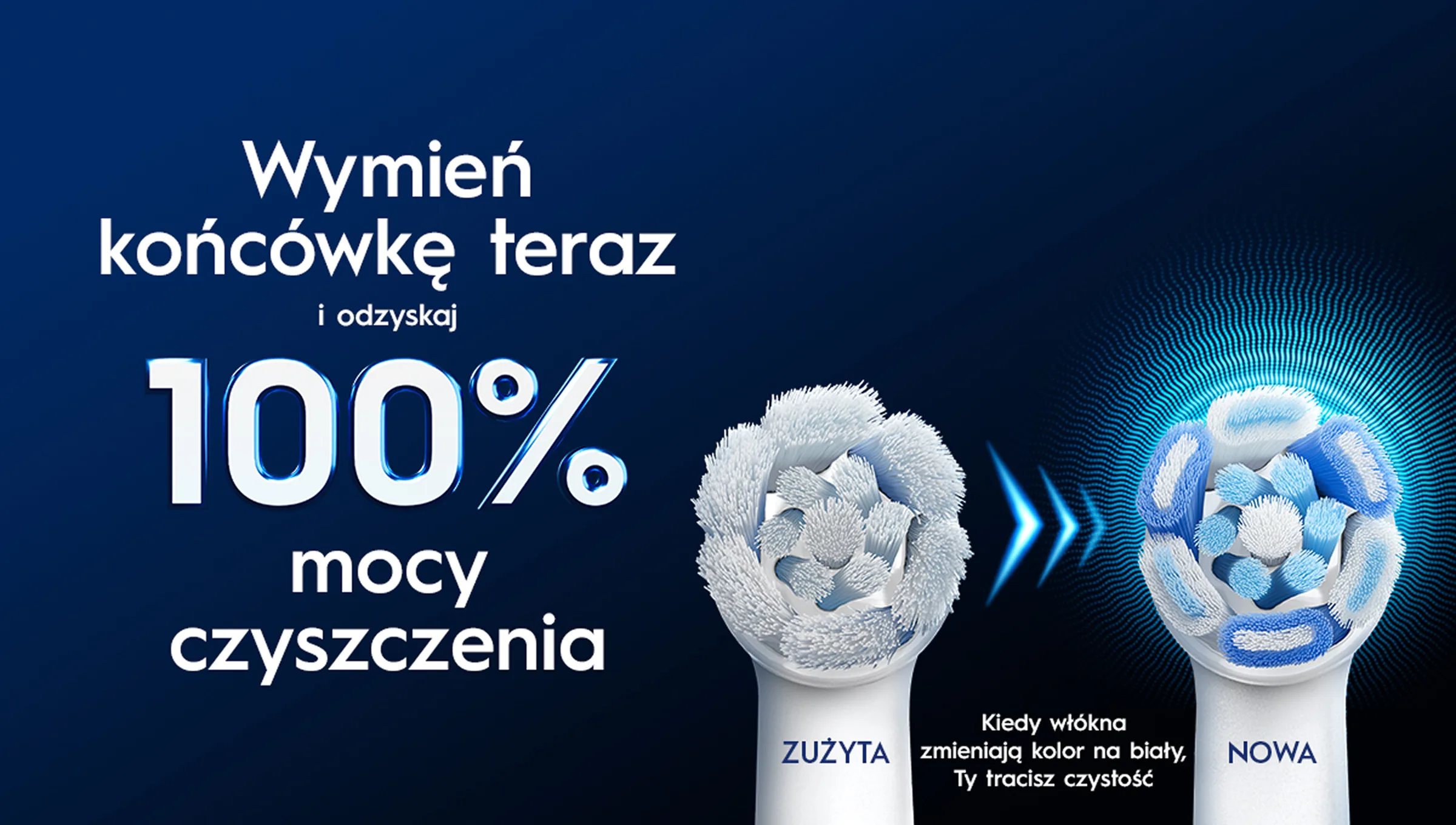 Zużyta i nowa końcówka szczoteczki Oral-B ustawione obok siebie, aby pokazać, kiedy należy wymienić końcówkę. 