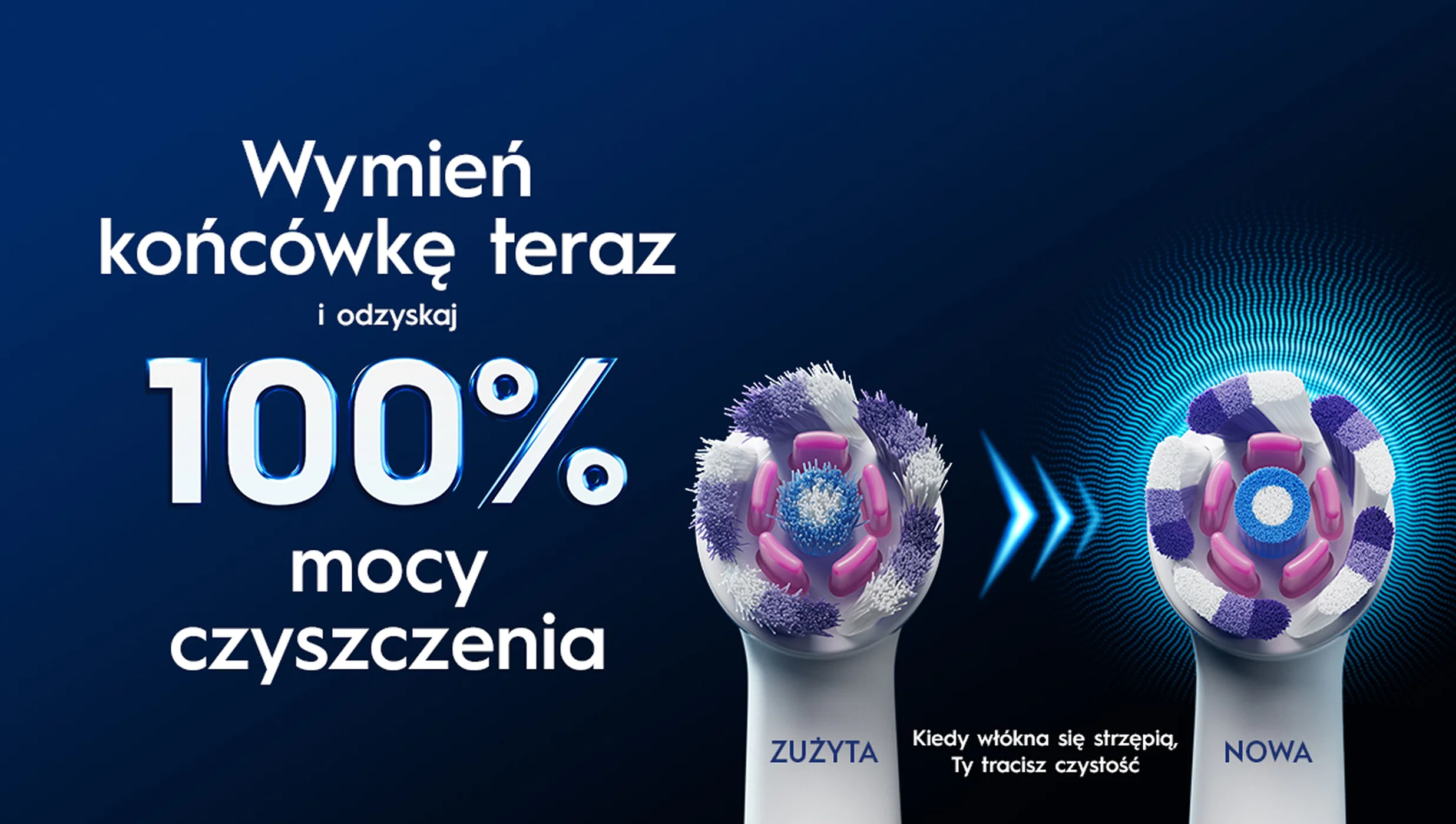 Zużyta i nowa końcówka szczoteczki Oral-B ustawione obok siebie, aby pokazać, kiedy należy wymienić końcówkę. 