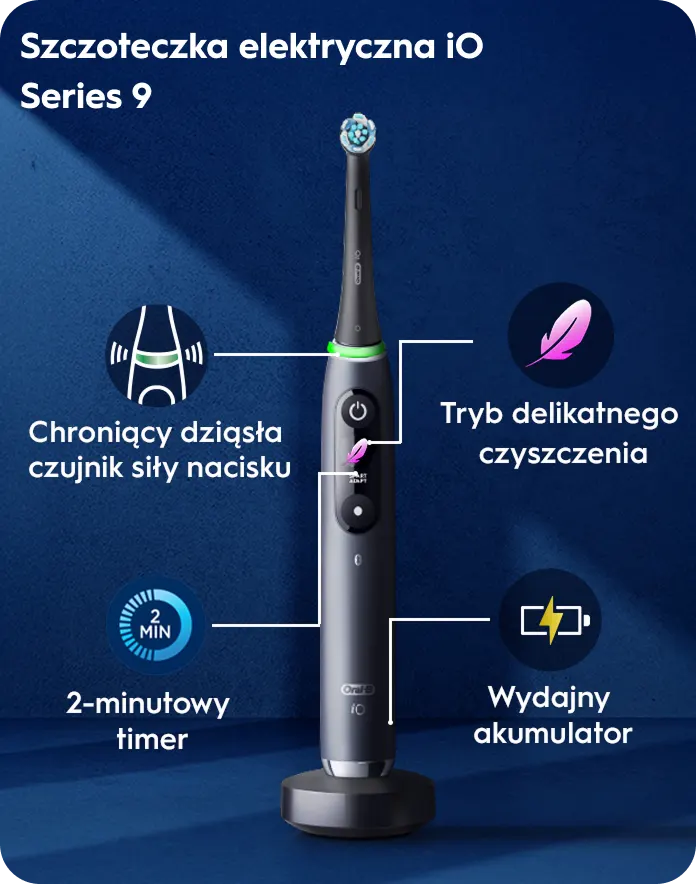 Szczoteczka elektryczna iO Series 9 - Chroniący dziąsła czujnik siły nacisku - Tryb delikatne czyszczenie - 2-minutowy timer - Wydajny akumulator