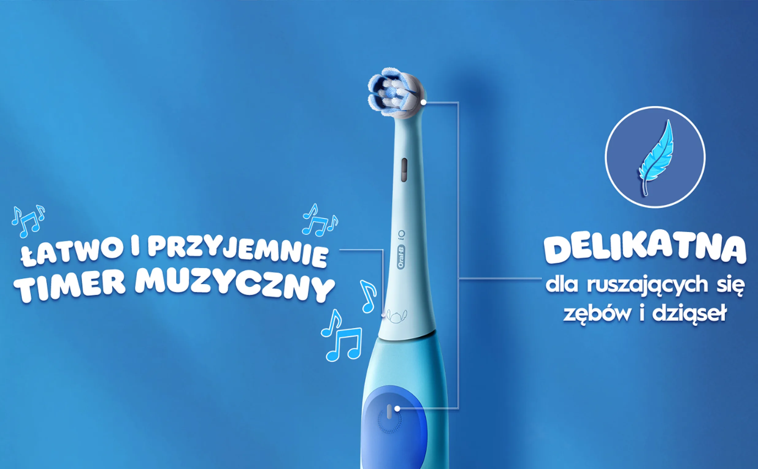 Widok z góry na szczoteczkę elektryczną prezentującą korzyści z ikonami dźwiękowymi i piórkiem. 