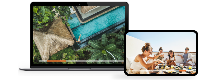 Diffusion d'une vidéo présentant une destination de vacances et des personnes partageant un repas, sur un ordinateur portable et une tablette