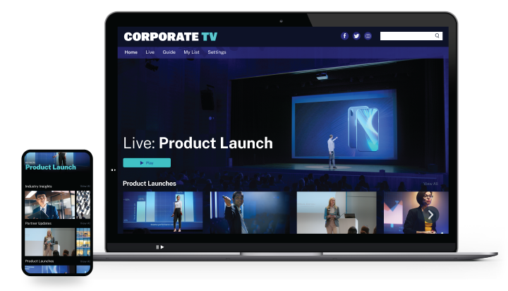 CorpTV live product launch information on a smartphone and laptop.