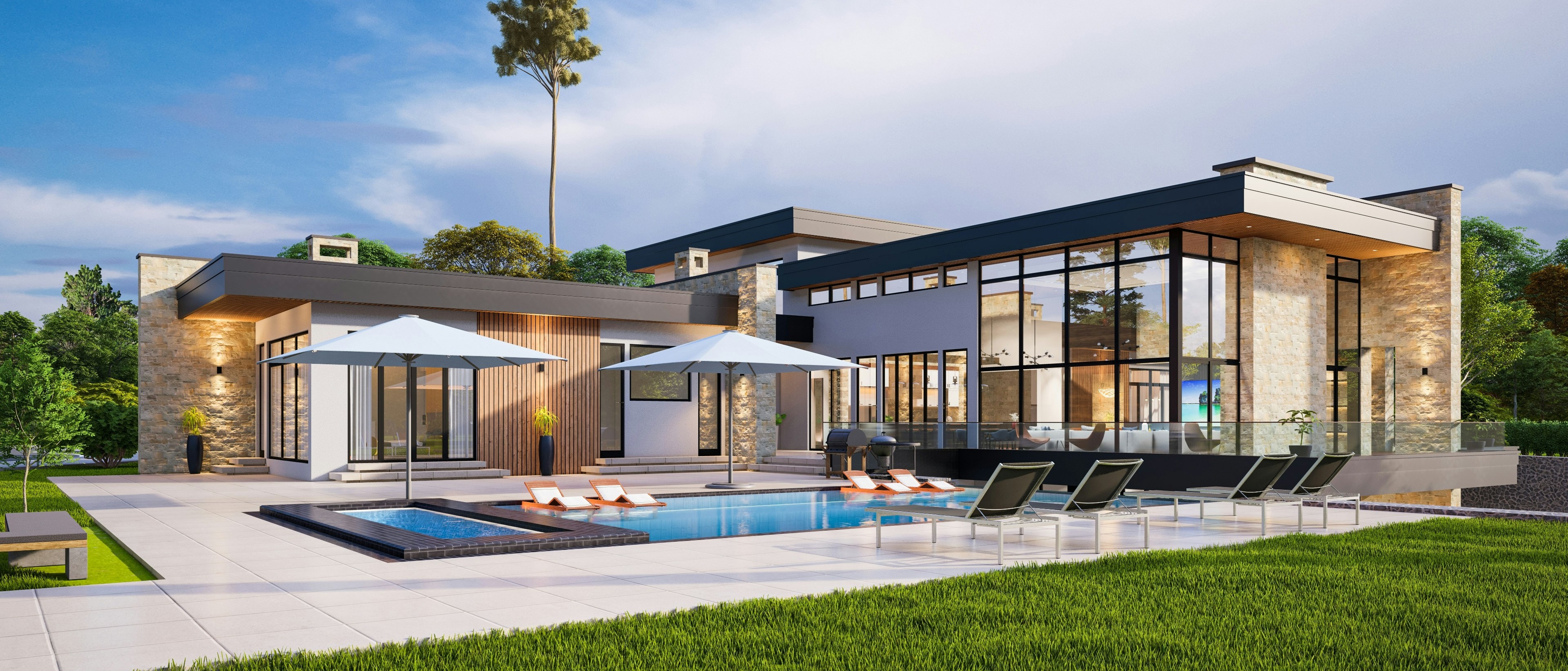 a modern house with a pool and lounge chairs