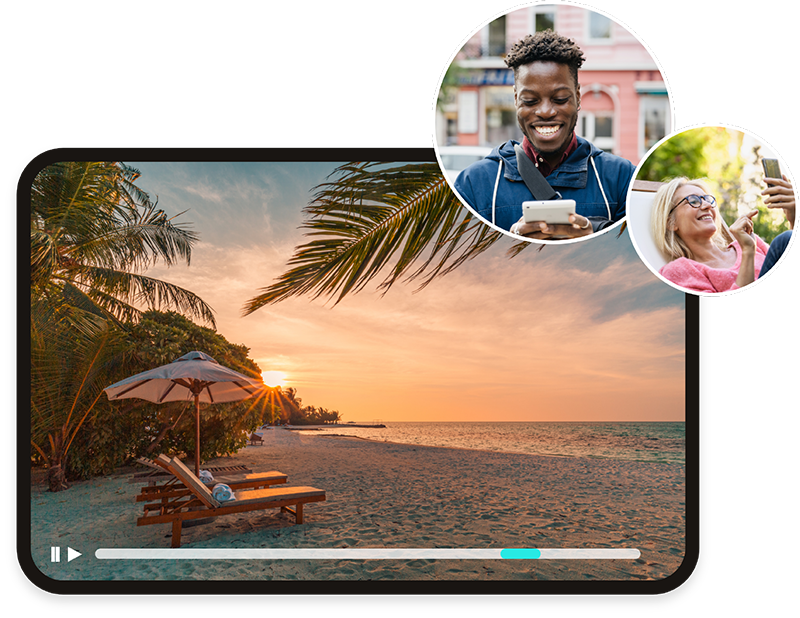 People watching beach vacation venue video content ad stream on smartphones