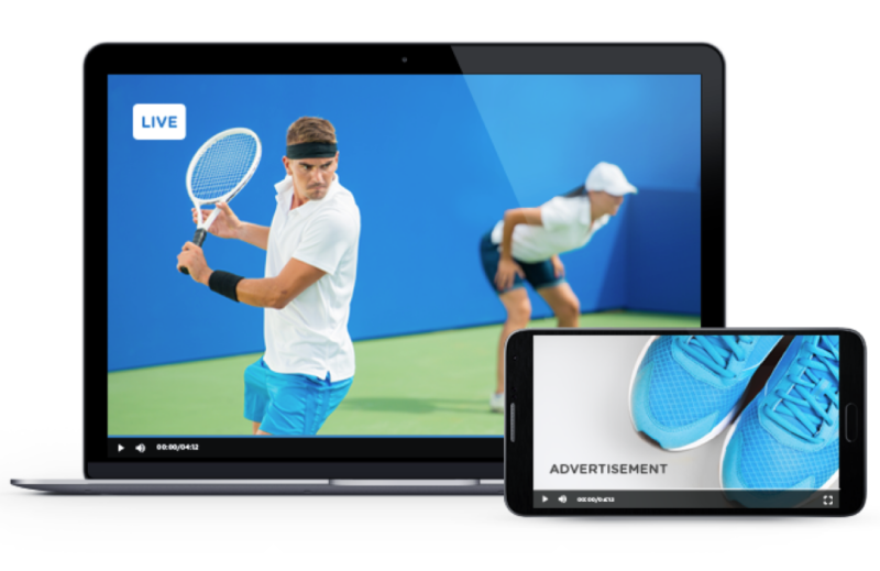 A live tennis match video stream and an athletic shoe video ad are playing on a laptop and a smartphone.