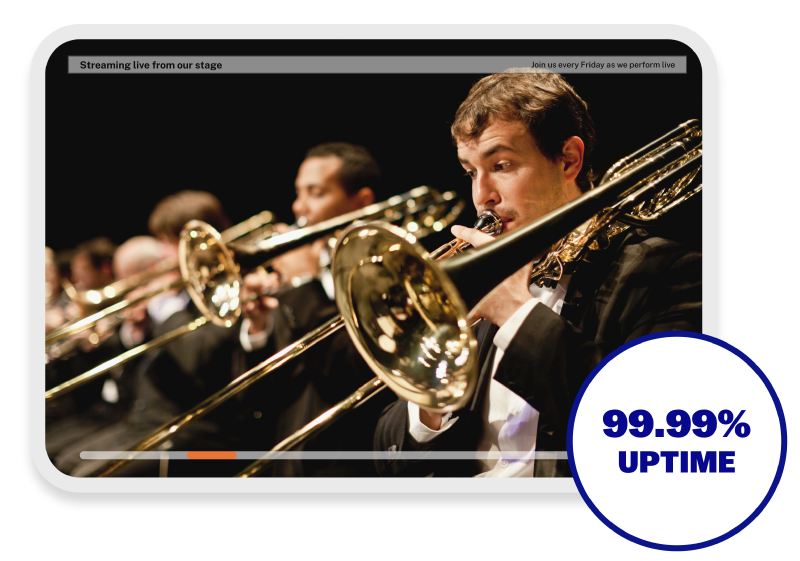 Man playing trombone in a live concert video stream on a tablet